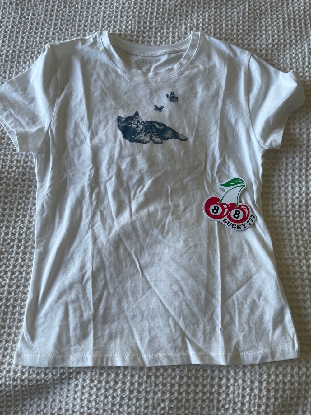 Lucky Brand White Tee with Navy Cat & Red Cherry Graphic